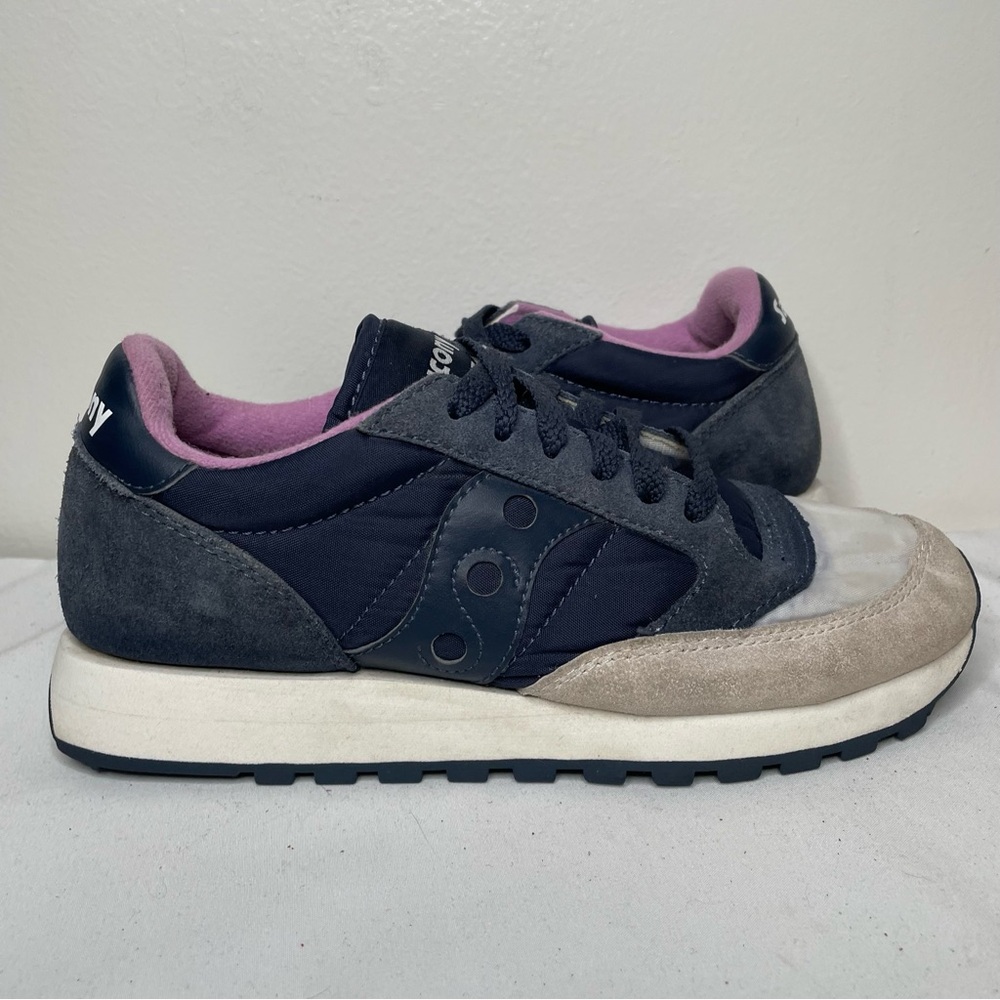 Saucony Jazz Low Pro Navy Grey Pink Suede Nylon Retro Sneakers Womens Size 6.5